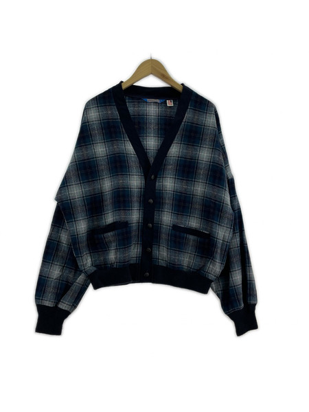80s PENDLETON USA製 チェック ウールカーディガン 青 (L)