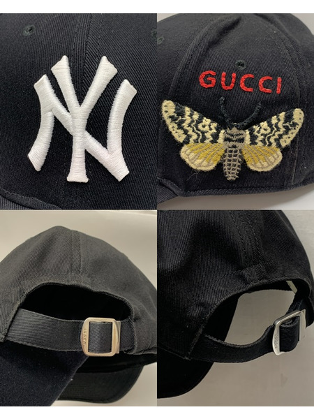 GUCCI × ニューヨークヤンキース バタフライ刺繍 ベースボールキャップ BLK Size 57-61cm グッチ NY Yankees 蝶々 帽子 野球帽