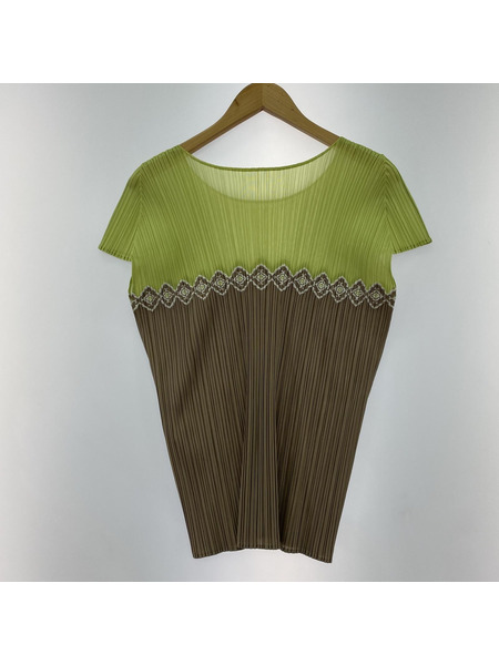 PLEATS PLEASE SSカットソー グリーン/グレー