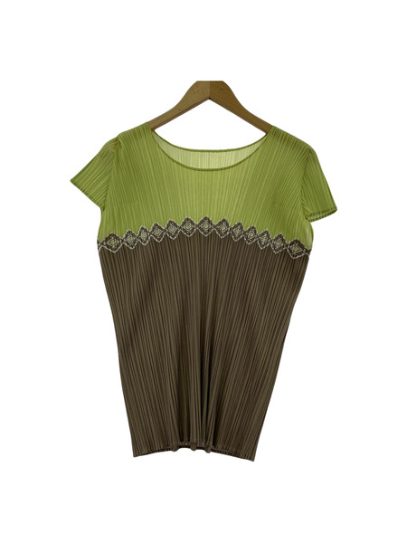 PLEATS PLEASE SSカットソー グリーン/グレー