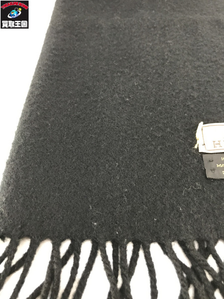 HERMES  マフラー カシミヤ ロゴ刺繍 無地 黒