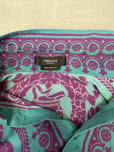 VERSACE バロックプリント シルクシャツ 48 パープル×ターコイズ