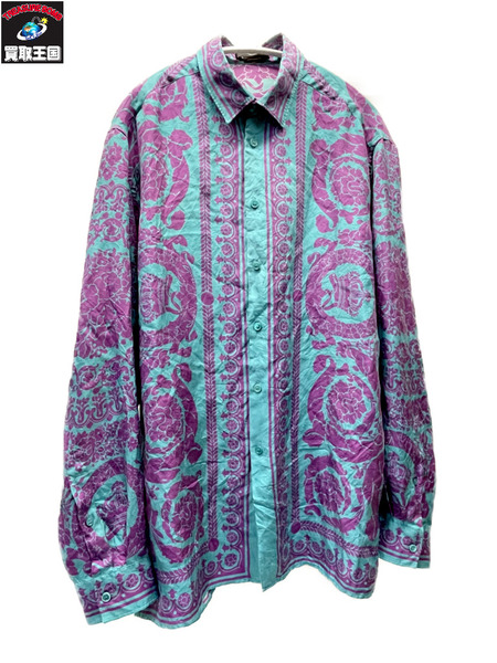 VERSACE バロックプリント シルクシャツ 48 パープル×ターコイズ