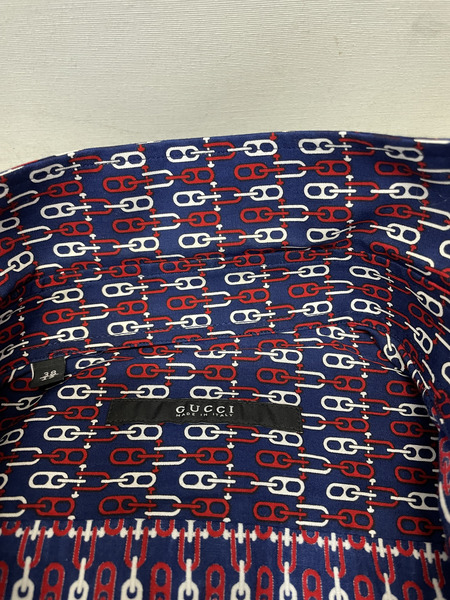 GUCCI 2008 チェーン総柄L/Sシャツ 38 紺[値下]