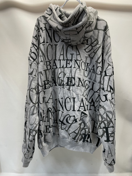BALENCIAGA 19ss ロゴ総柄 アーチロゴ刺繍 ジップフーディ XS グレー BT75 578129