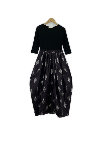 NE QUITTEZ PAS Cotton Linen Foil Print Rib Combi Dress M 010