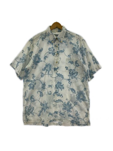 reyn spooner 半袖シャツ リネン混 総柄 ハーフボタン 白