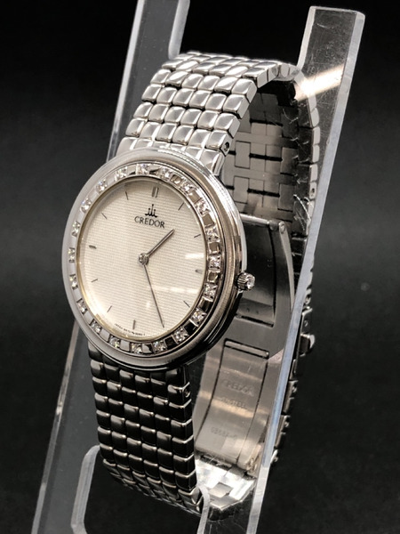 SEIKO クレドール クォーツ腕時計 20Pダイヤベゼル 18KT 銀白[値下]