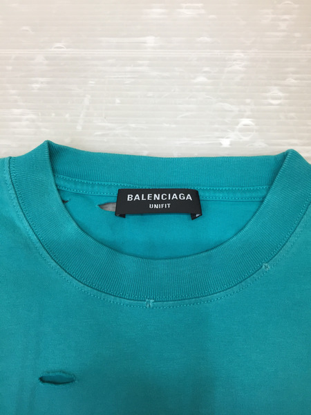 BALENCIAGA 21SS DESTROYED BOXY FIT プリントTee S ターコイズ[値下]