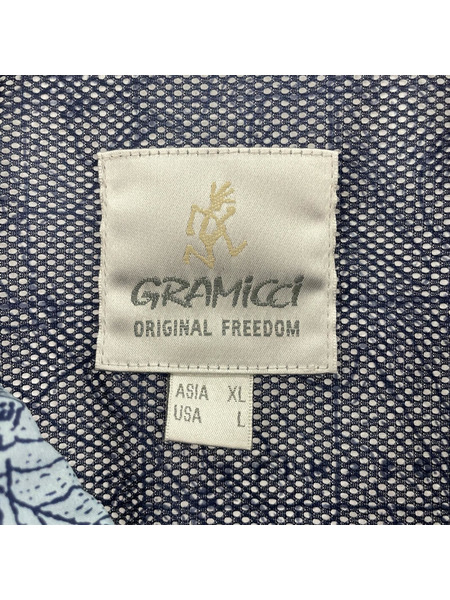 Gramicci 半袖シャツ CAMP SHIRT ナイロン 総柄 青 (XL)