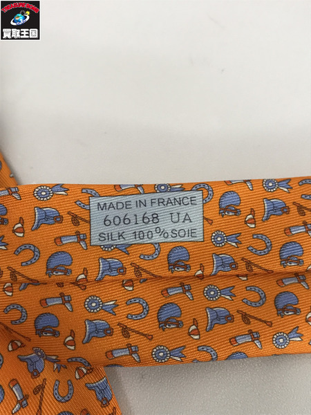 HERMES ネクタイ 馬具 総柄 オレンジ