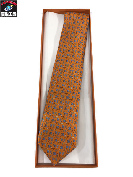 HERMES ネクタイ 馬具 総柄 オレンジ