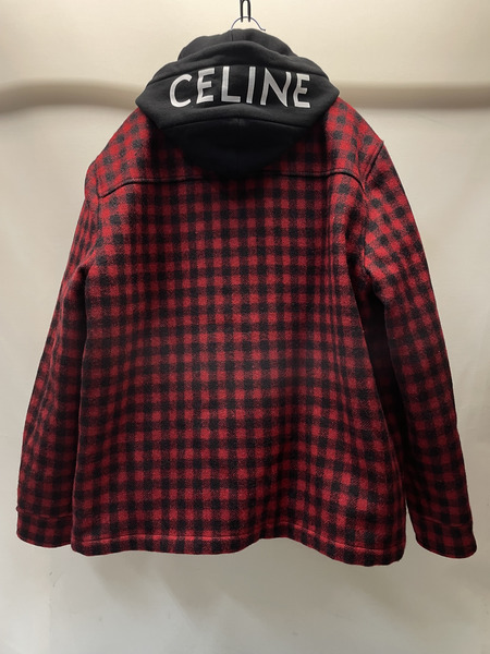 CELINE モヘヤ混 中綿ウールフーデッドチェックブルゾン 54 赤×黒 2W68A000O
