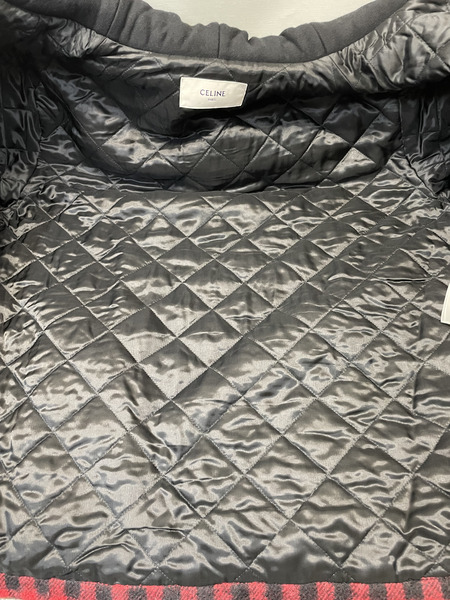 CELINE モヘヤ混 中綿ウールフーデッドチェックブルゾン 54 赤×黒 2W68A000O