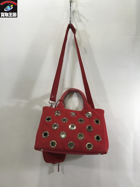 PRADA ハンドバッグ RED/カナパ ポーチ＆ストラップ付