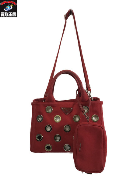 PRADA ハンドバッグ RED/カナパ ポーチ＆ストラップ付