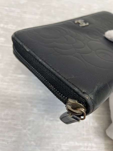 CHANEL カメリア ラムスキン ラウンドファスナーロングウォレット 黒 15268352