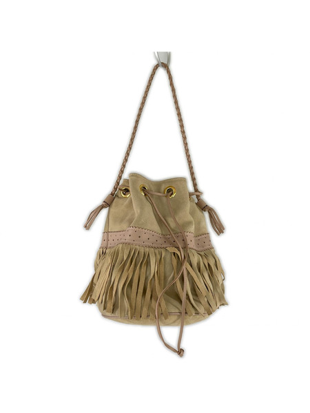 J&M Davidson ハンドバッグ 巾着フリンジ/スウェード/BEG