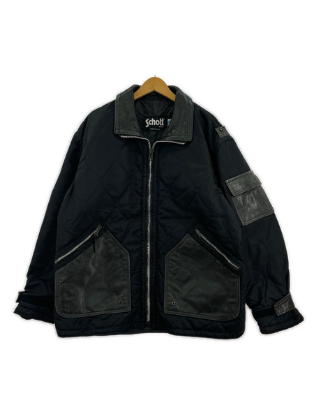 schott ジャケット USA製 レザー切替 ナイロン キルティング 黒