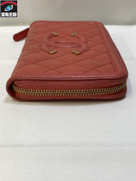 CHANEL CCフィリグリーキャビアスキン マトラッセ ラウンドファスナー シャネル 長財布 レッド ココマーク