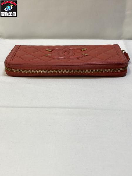 CHANEL CCフィリグリーキャビアスキン マトラッセ ラウンドファスナー シャネル 長財布 レッド ココマーク