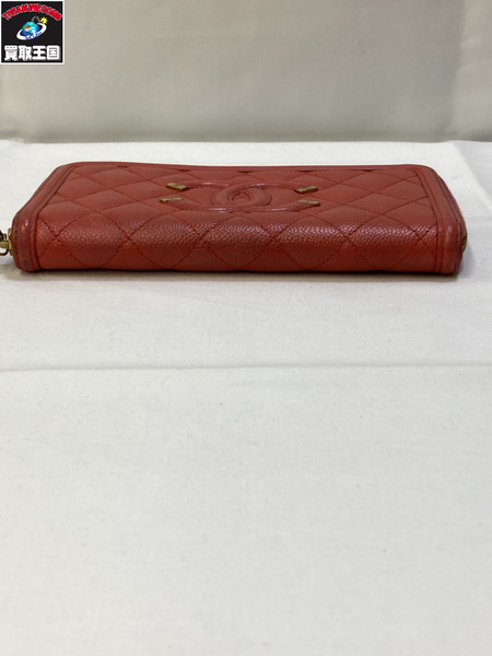 CHANEL CCフィリグリーキャビアスキン マトラッセ ラウンドファスナー シャネル 長財布 レッド ココマーク