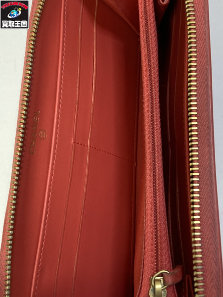 CHANEL CCフィリグリーキャビアスキン マトラッセ ラウンドファスナー シャネル 長財布 レッド ココマーク