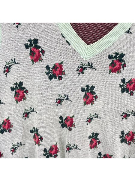 TTT_MSW ジレ・ベスト Vネック ニット 花柄 緑 (F)