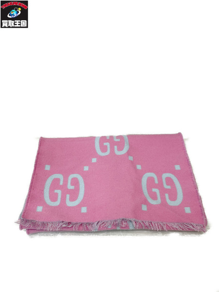 GUCCI GG柄 シルク混 ラムウールマフラー ピンク×ライトブルー