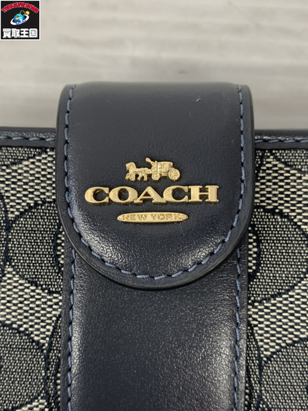 コンパクトウォレット COACH シグネチャー コンパクト二つ折りウォレット 紺 グレー
