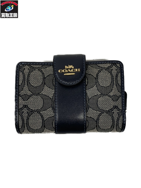 コンパクトウォレット COACH シグネチャー コンパクト二つ折りウォレット 紺 グレー