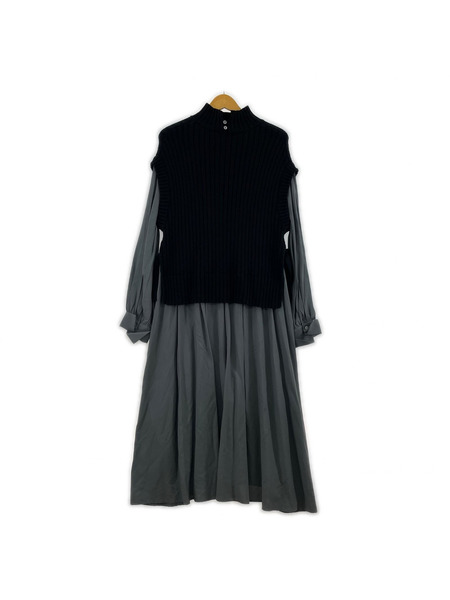 ROSE BUD 長袖ワンピース ニット切替サイドリボンワンピース[値下]