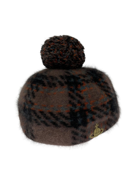 Vivienne Westwood ソノ他 チェック ゴールドオーブ アンゴラ ウール ベレー帽 茶