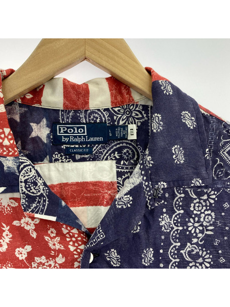 POLO RALPH LAUREN 半袖シャツ レーヨン/星条旗/ペイズリー/総柄/赤青