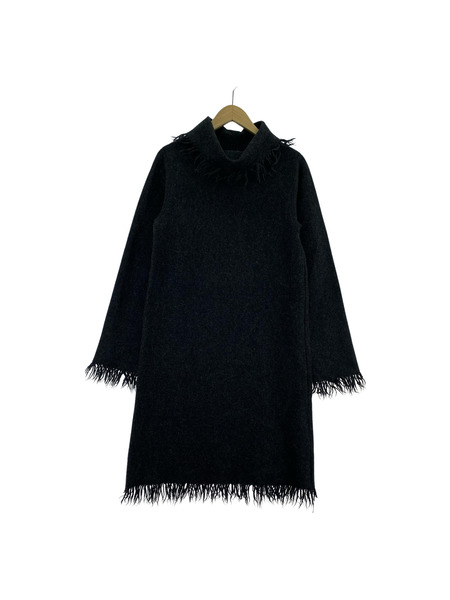 agnes b. 長袖ワンピース ウールタートルネックワンピース フリンジ グレー