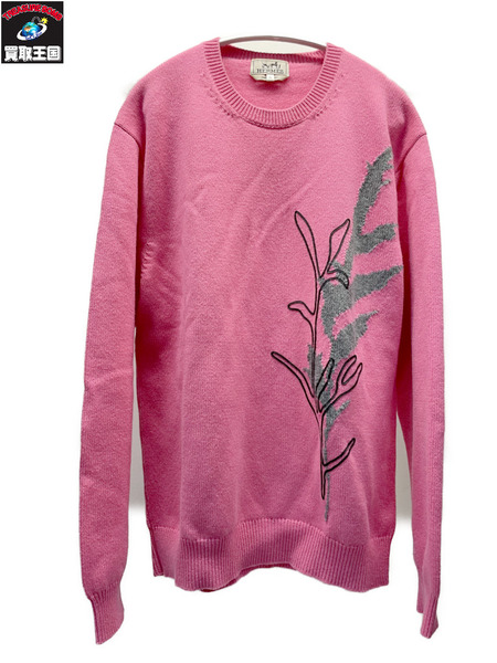 HERMES 23SS Herbier et ruban cuir カシミヤニット XL ピンク