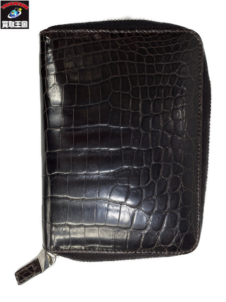 コンパクトウォレット クロコダイル/ブラウン/ラウンドジップ