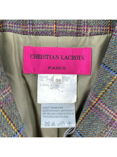 Christian Lacroix  ベロア チェック 切替 ジャケット 38 緑系