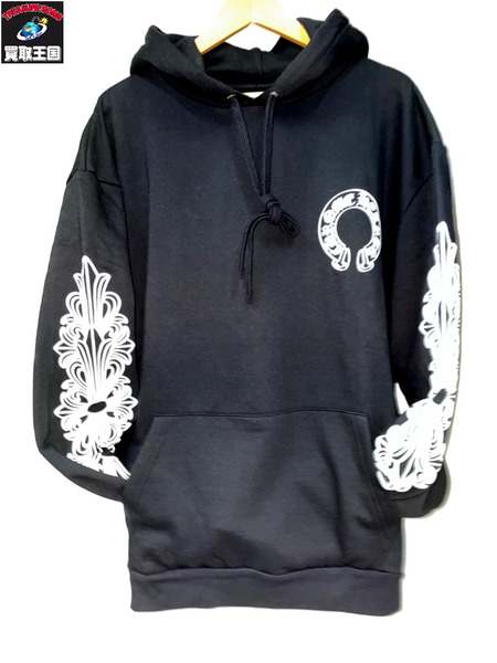 CHROME HEARTS SWTSHRT PLVR 袖フローラルクロス バックホースシュープルオーバーパーカー XL 黒