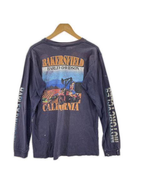 Harley-Davidson 長袖Tシャツ・カットソー ペイント 袖 バックガールプリント 紺 M
