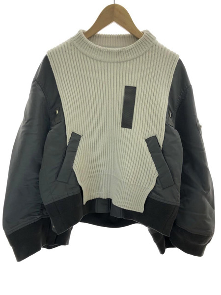 Sacai 22AW NYLON TWILL MIX WOOL KNIT BLOUSON 2 ライトグレー｜商品