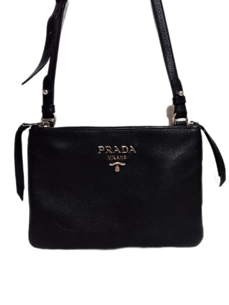 最終お値下げ！PRADAダブルファスナーレザーバッグ1BH046 プラダダブルポケット 2WAY 青 ゴールド金具 レディース レザー