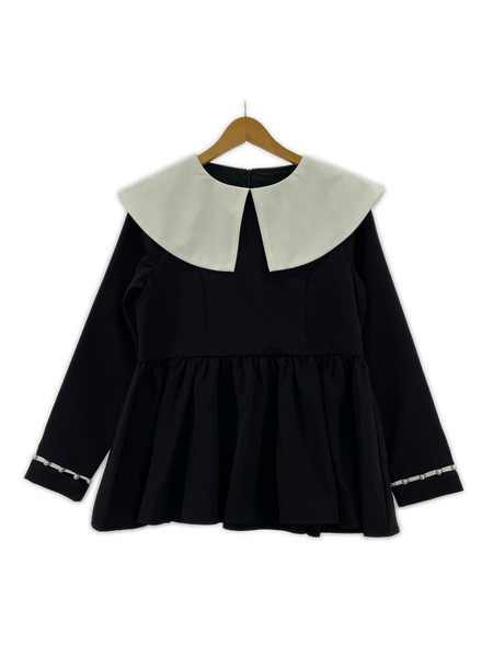 . 長袖シャツ Fit more ビックカラーハシゴパール袖ブラウス 黒