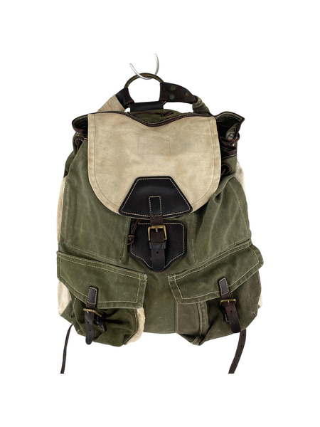 RRL イタリア製 レザー切替 キャンバスバックパック グリーン