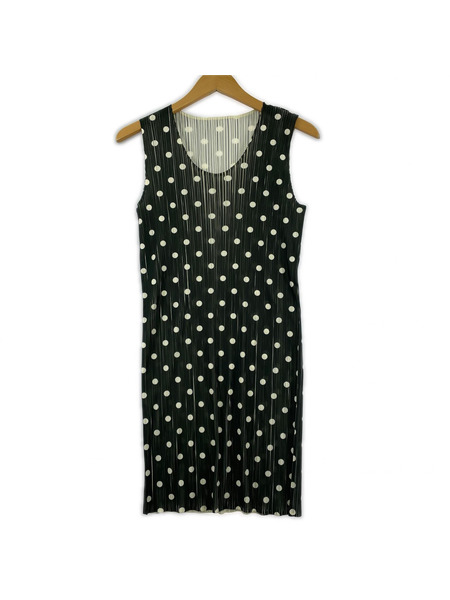 PLEATS PLEASE ノースリーブワンピース ドット プリーツ 緑 (3)