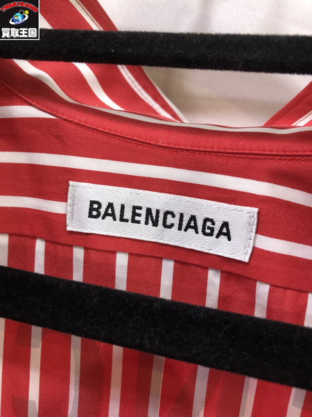BALENCIAGA/20SS/コクーンスイングショートスリーブストライプシャツ/34/赤/バレンシアガ