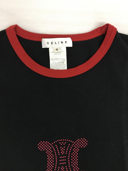 CELINE レディースラグ衣料 トリオンフロゴ スタッズ Tシャツ (S) 黒赤