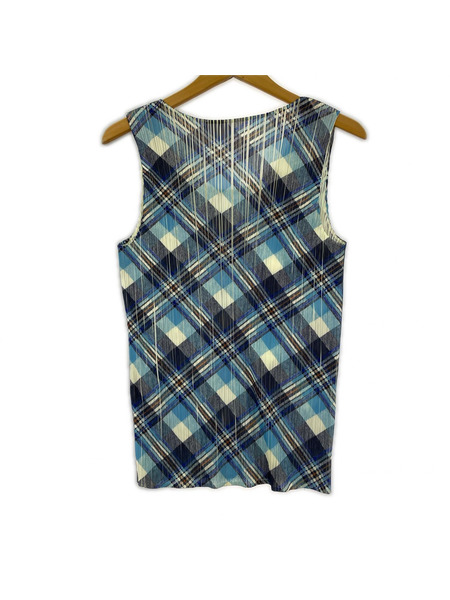 PLEATS PLEASE タンクトップ チェック プリーツ 青 (3)