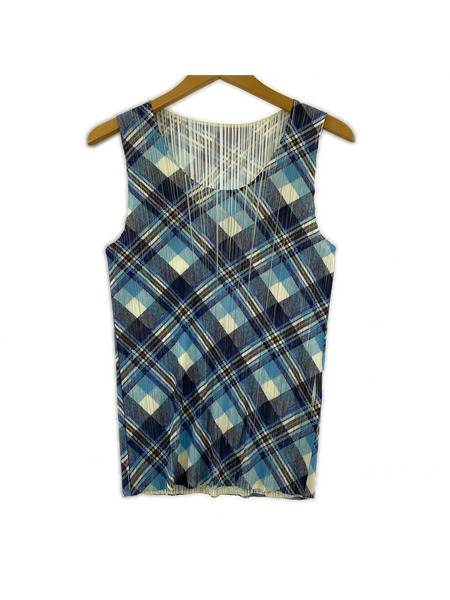 PLEATS PLEASE タンクトップ チェック プリーツ 青 (3)