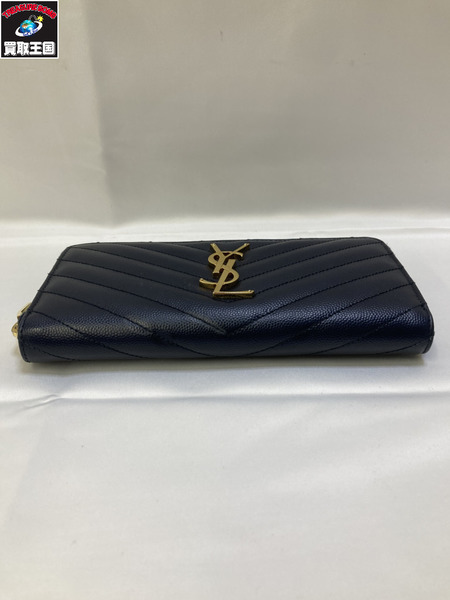 YSL YVES SAINT LAURENT イブサンローラン Vステッチ　長財布　ラウンドジップ ネイビー
